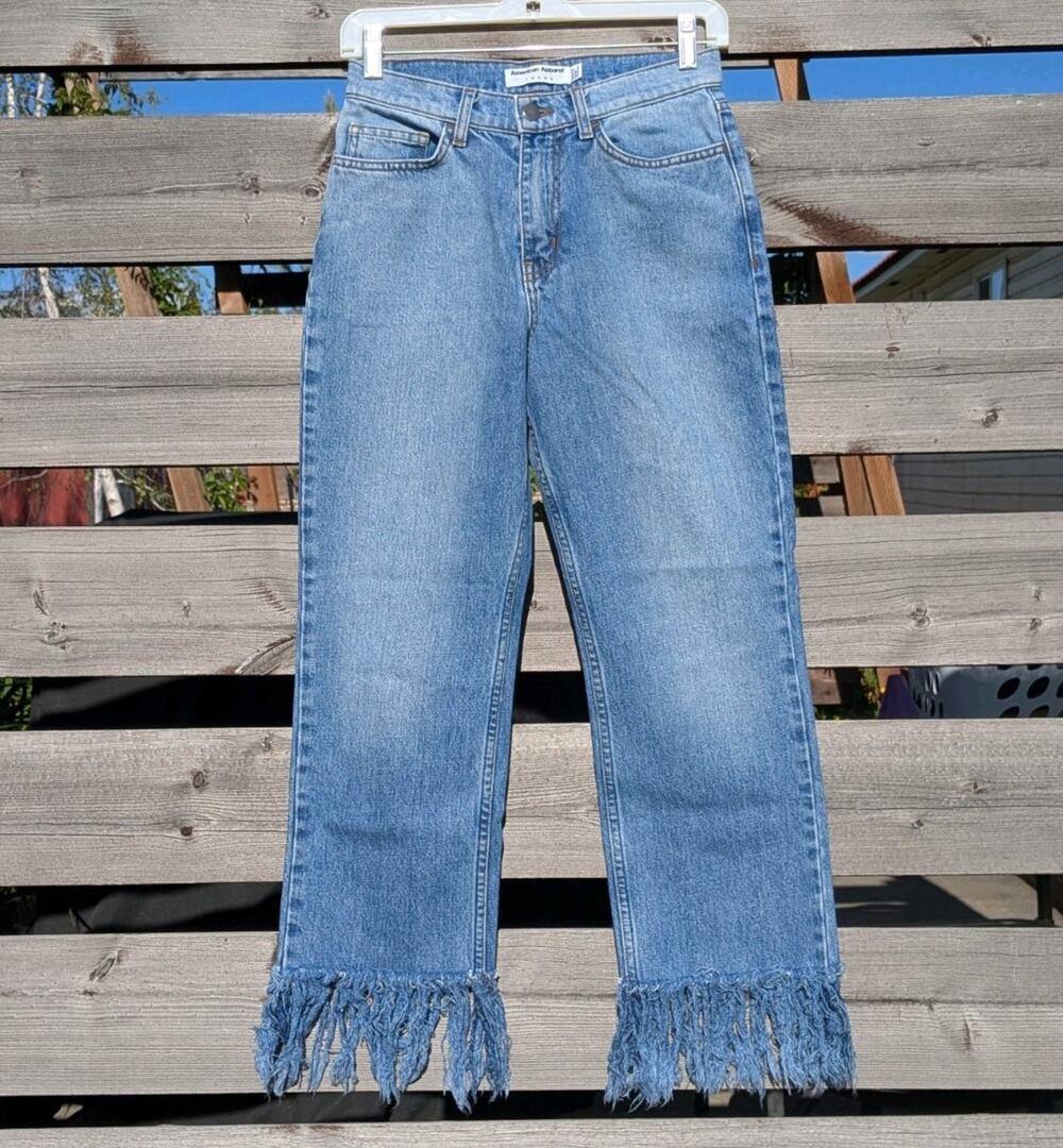 American Apparel High Waisted Denim Jeans Size 26 hand distressed fringe rare
